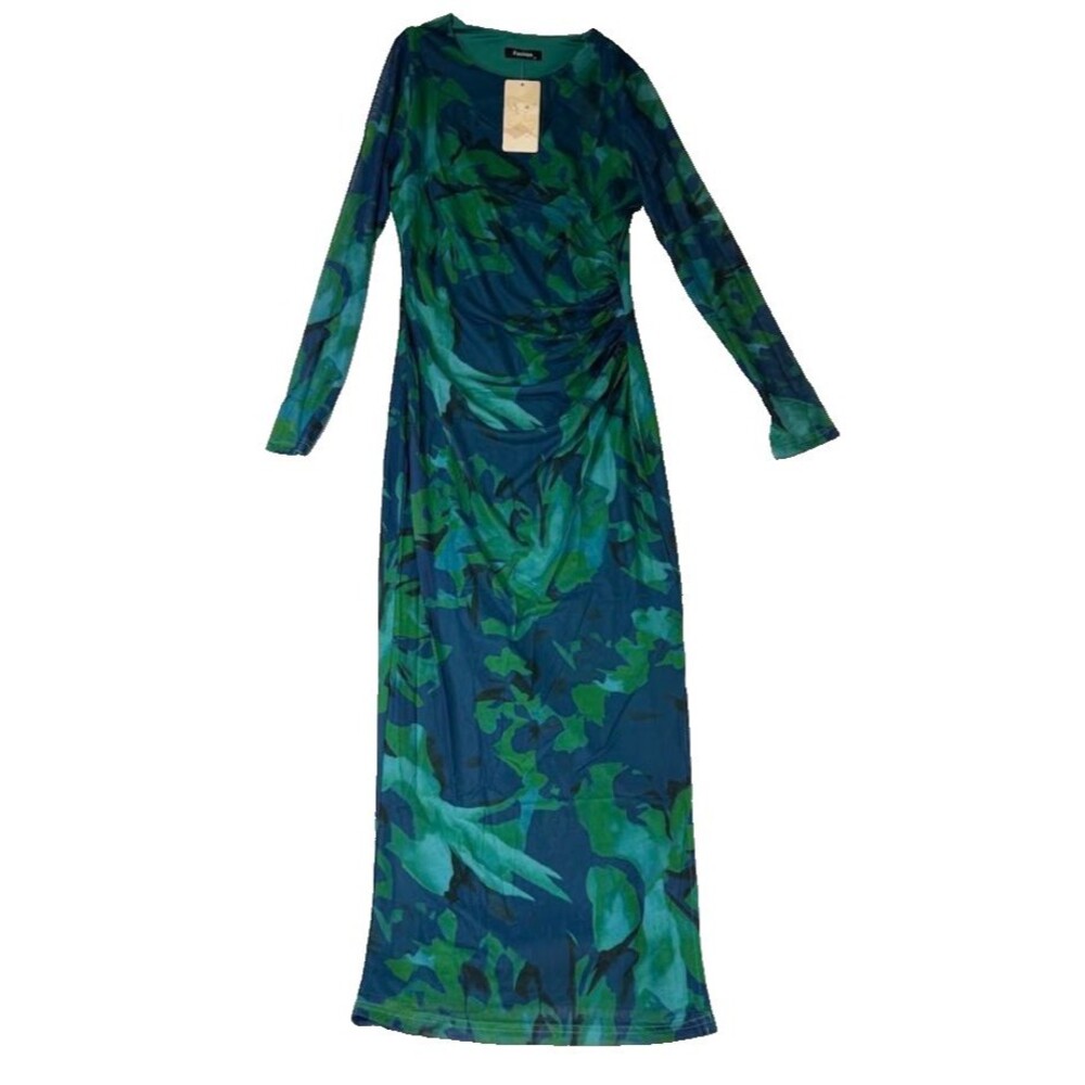 FASHION Women Long Sleeve Mesh Maxi Dress Size M Blue Green Abstract Floral NWT